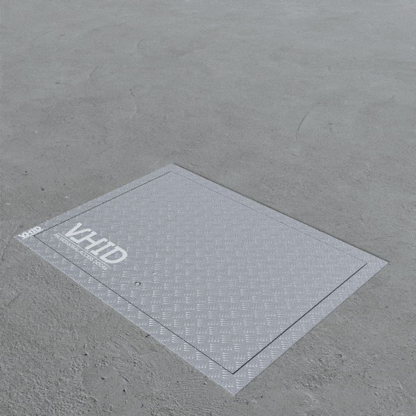 Technical floor hatch made of stainless steel for premises, with a corrugated steel sheet lid, opening with gas shock absorbers, mod. PANZER