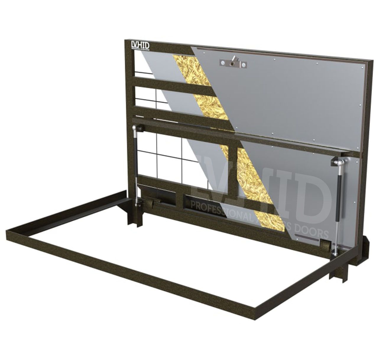 Floor hatch with an insulated lid that opens with adjustable gas springs and a damper, mod. MARAUS. Black steel