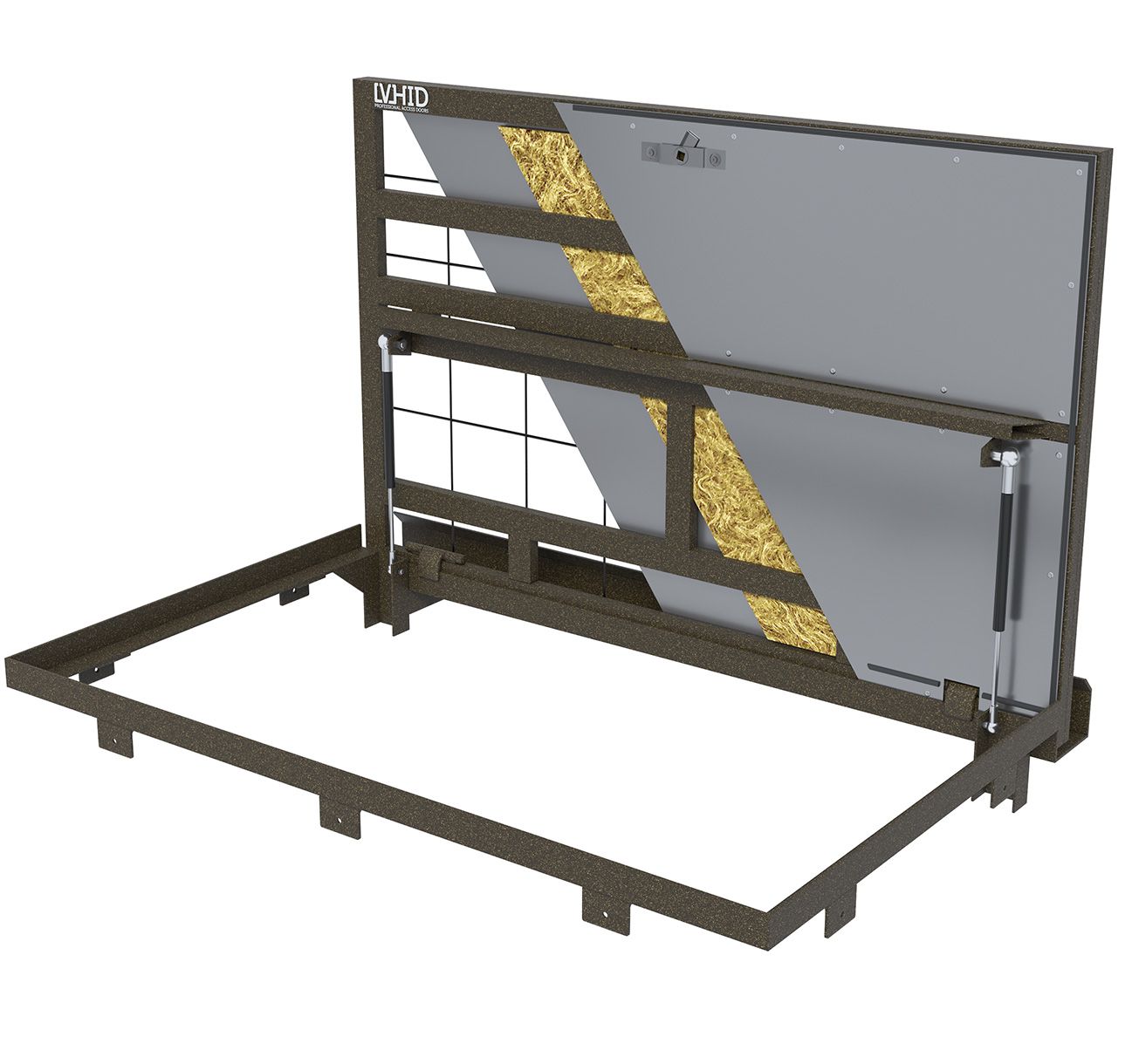 Insulated floor hatch for tile, porcelain, and natural stone flooring with gas springs and damper, mod. MARAUS, made of black steel