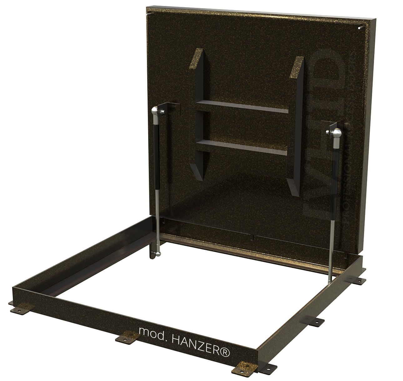 Hermetic floor hatch with a filling tray on gas springs, mod. HANZER. Black Steel
