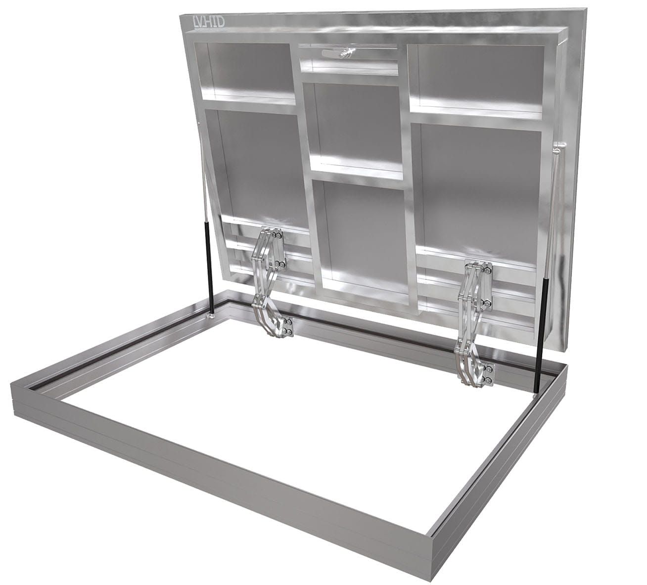 Hidden aluminum floor hatch with stainless steel hinges & gas struts, mod. H.O.O.D.
