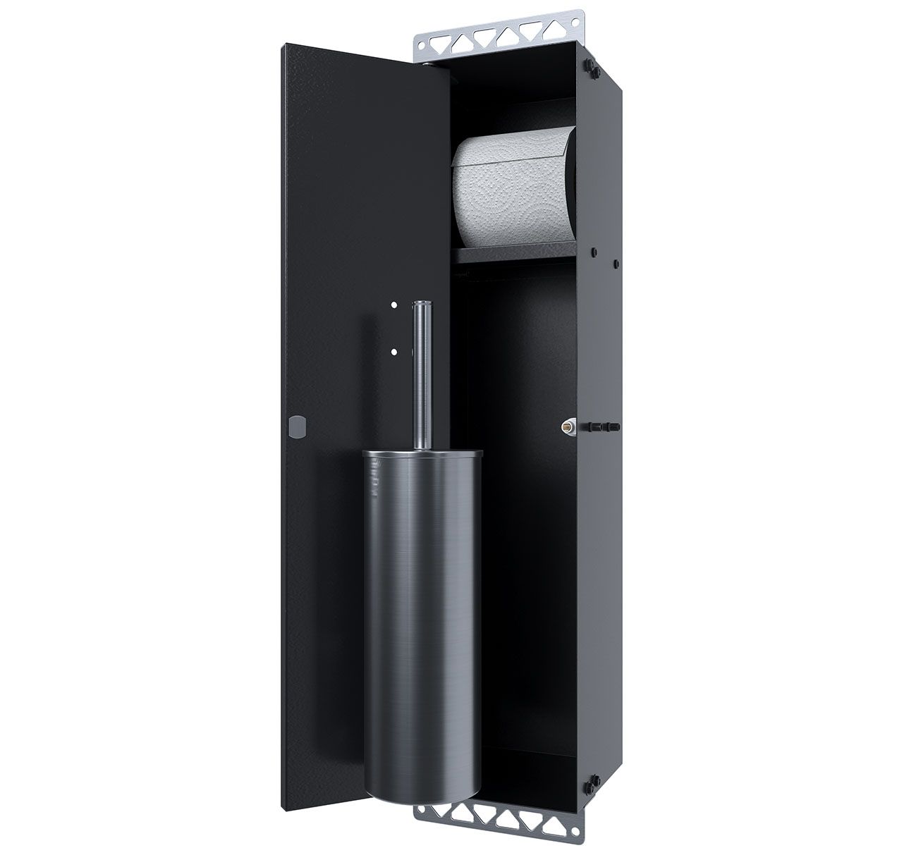 Recessed tile cabinet with toilet brush and spare roll shelf, mod. Nocturno, made of stainless steel