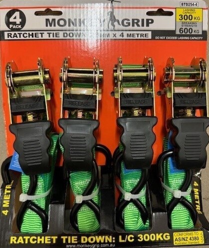 Tie down 25mmx4m ratchet 4pc 300kg