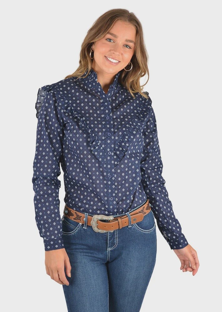 WOMENS ESTHER PRINT FRILL LONG SLEEVE SHIRT
