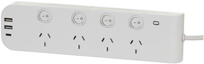 4 Way Surge Protected Switch Power board with 2 x USB Type-A + 1 x Type-C