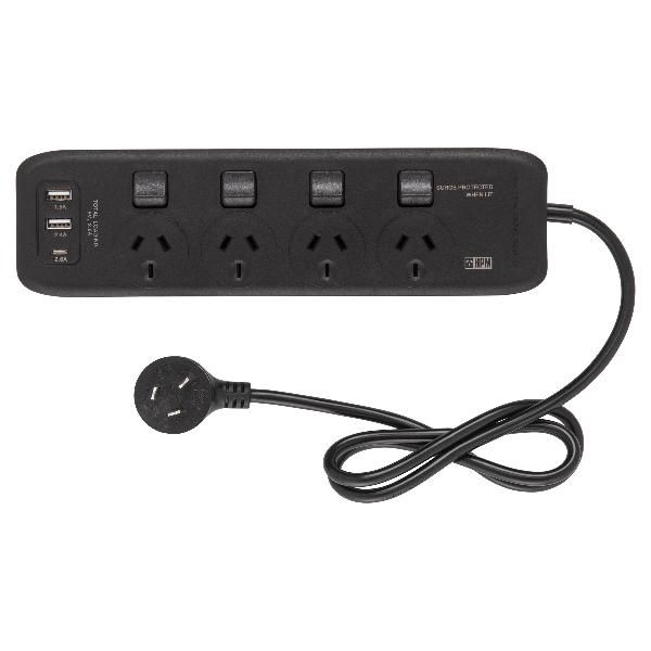 Powerboard BLK / 4 Outlet + Surge Protection + USB