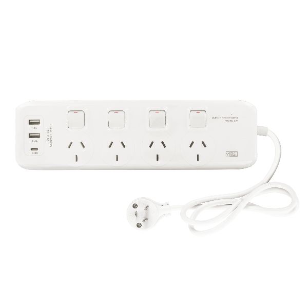 Powerboard WHT / 4 Outlet + Surge Protection + USB