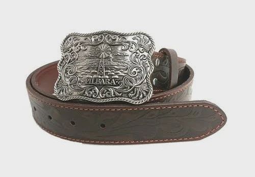 Western Rodeo Buckle Tooled Leather Belt Dark Brown