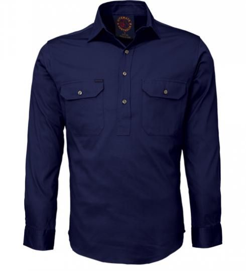 Mens Pilbara Closed Front L/S Shirt French Navy