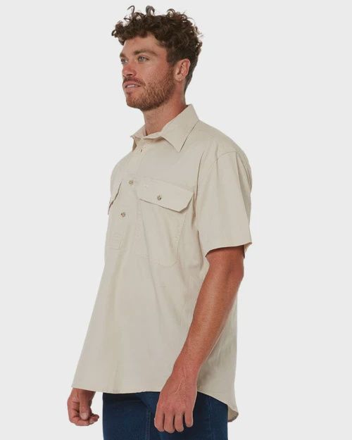 Mens Pilbara Closed Front S/S Shirt Stone, size: Mens S