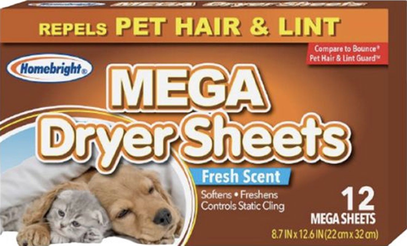 Homebright Pet Mega Dryer Sheets / 12x Sheets (22cm x 32cm) Fresh Scent (Repels Pet Hair &amp; Lint)