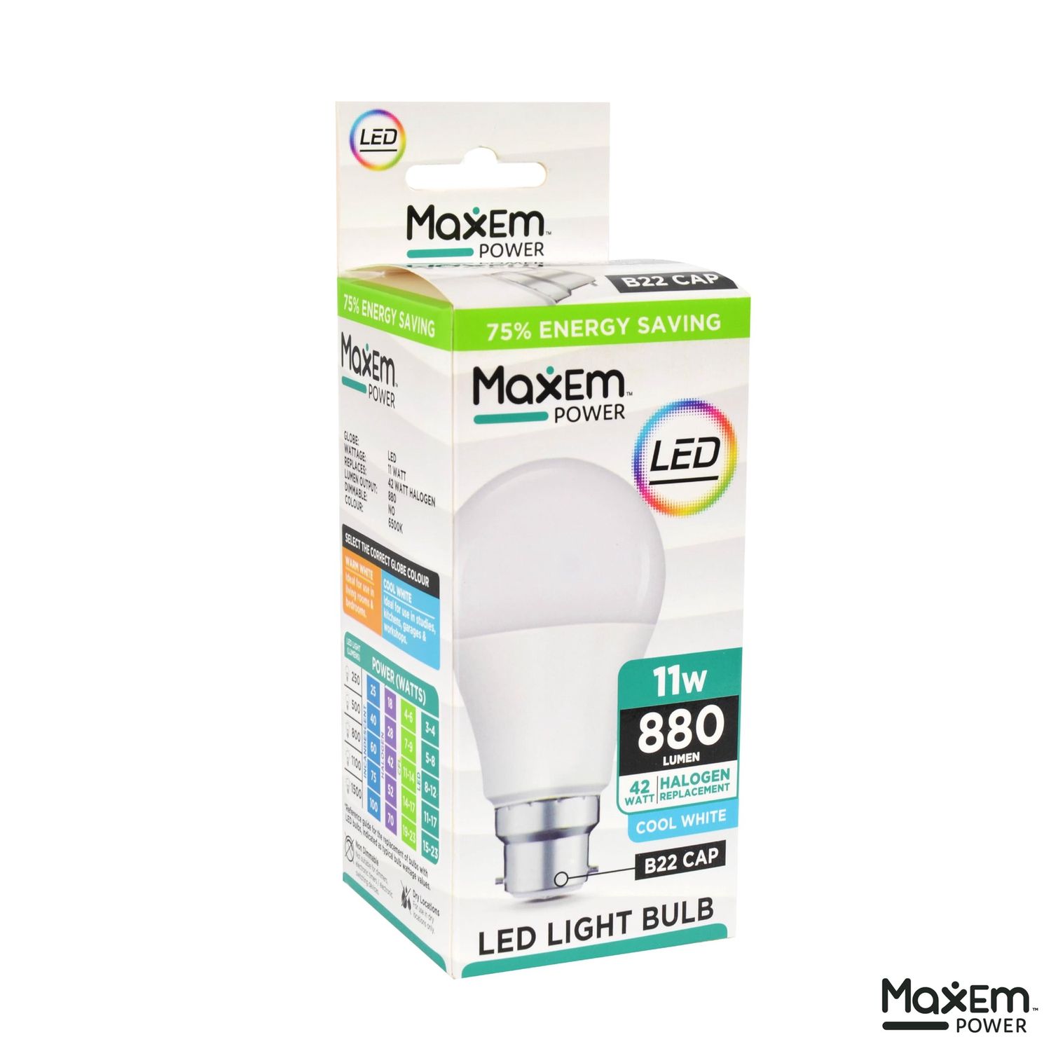 MaxEM Power 11W 880 Lumen Warn White B22 CAp