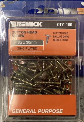 Timber screws 8gx30mm Pk100 B/Hd Zinc