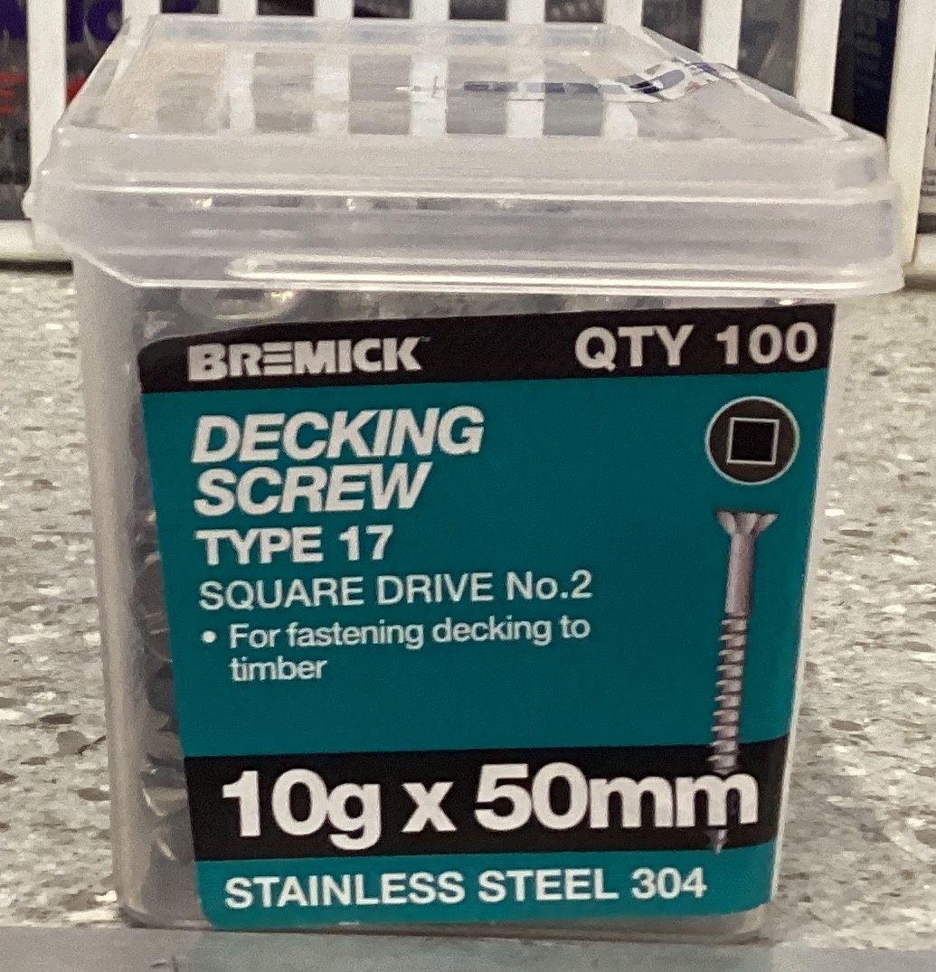 Decking screw 10gx50x100 SqDr Csk St/St