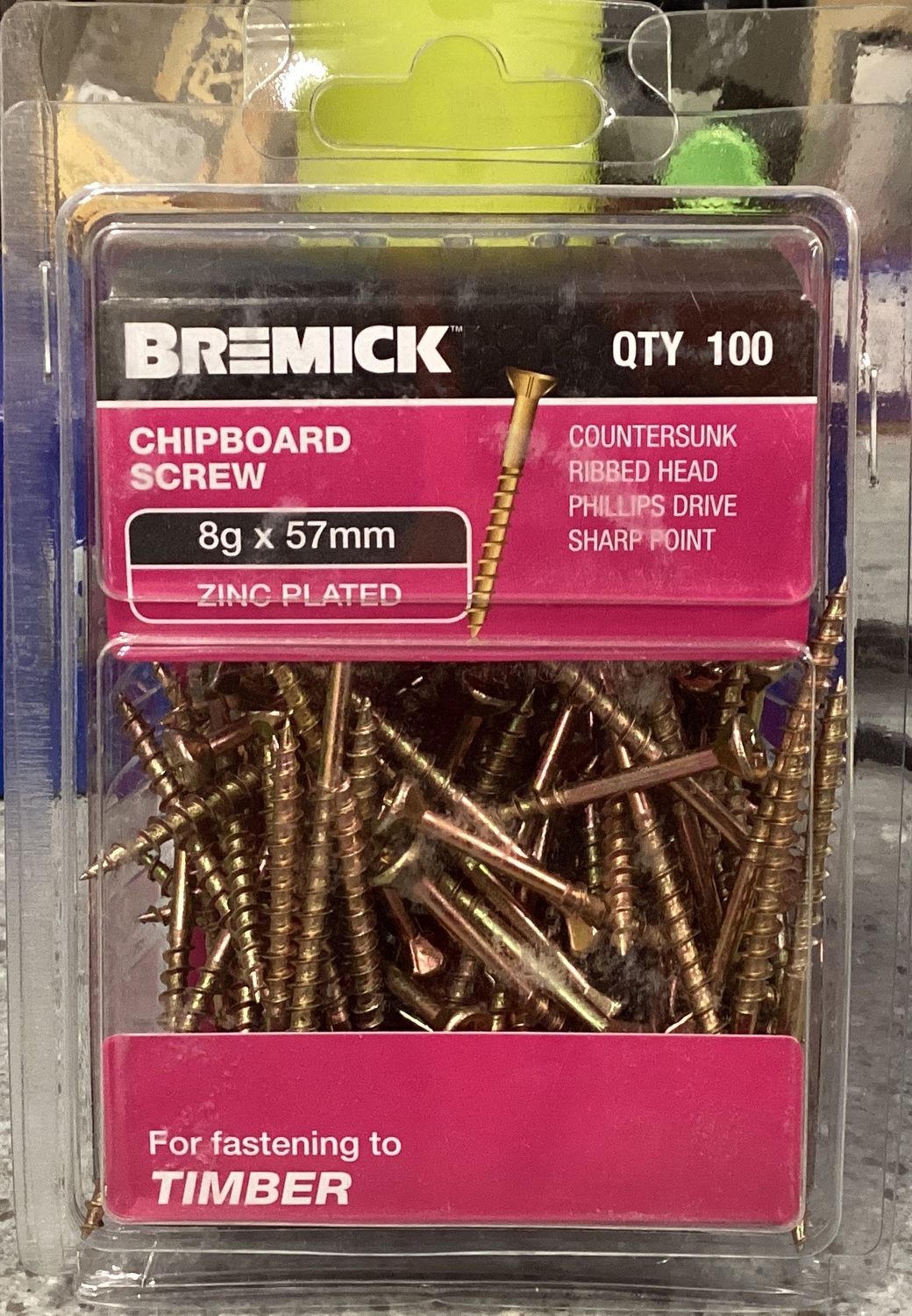 Chipboard screws 8gx57mm Pk100