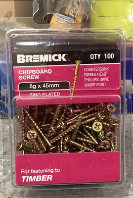 Chipboard screws 8gx45mm Pk100