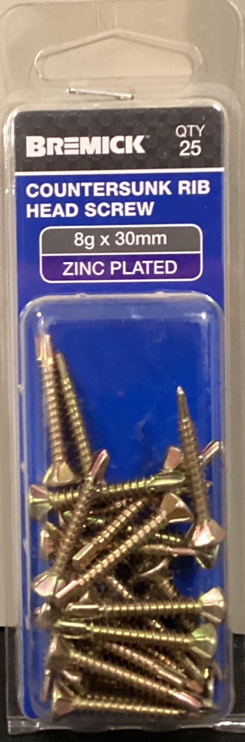 Metal screws 8gx30mm pk25 Csk RIB Zinc