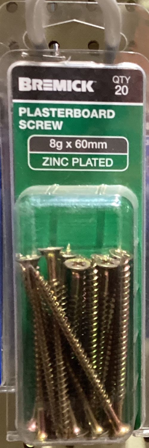 Plasterboard screw 8gx60mm pk20 Zinc
