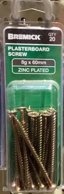Plasterboard screw 8gx60mm pk20 Zinc