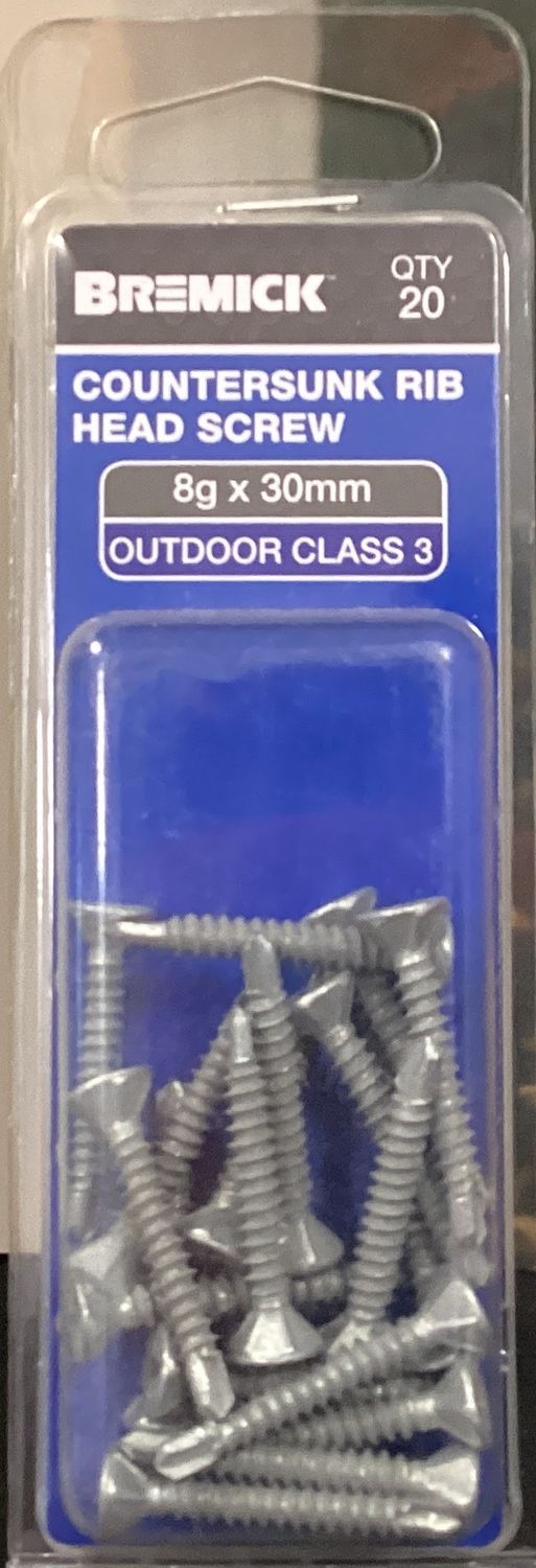 Metal screws 8gx30mm pk20 Csk RIB Galv