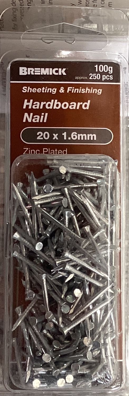 Nails Hardboard 20x1.6mm Pk250 Zinc