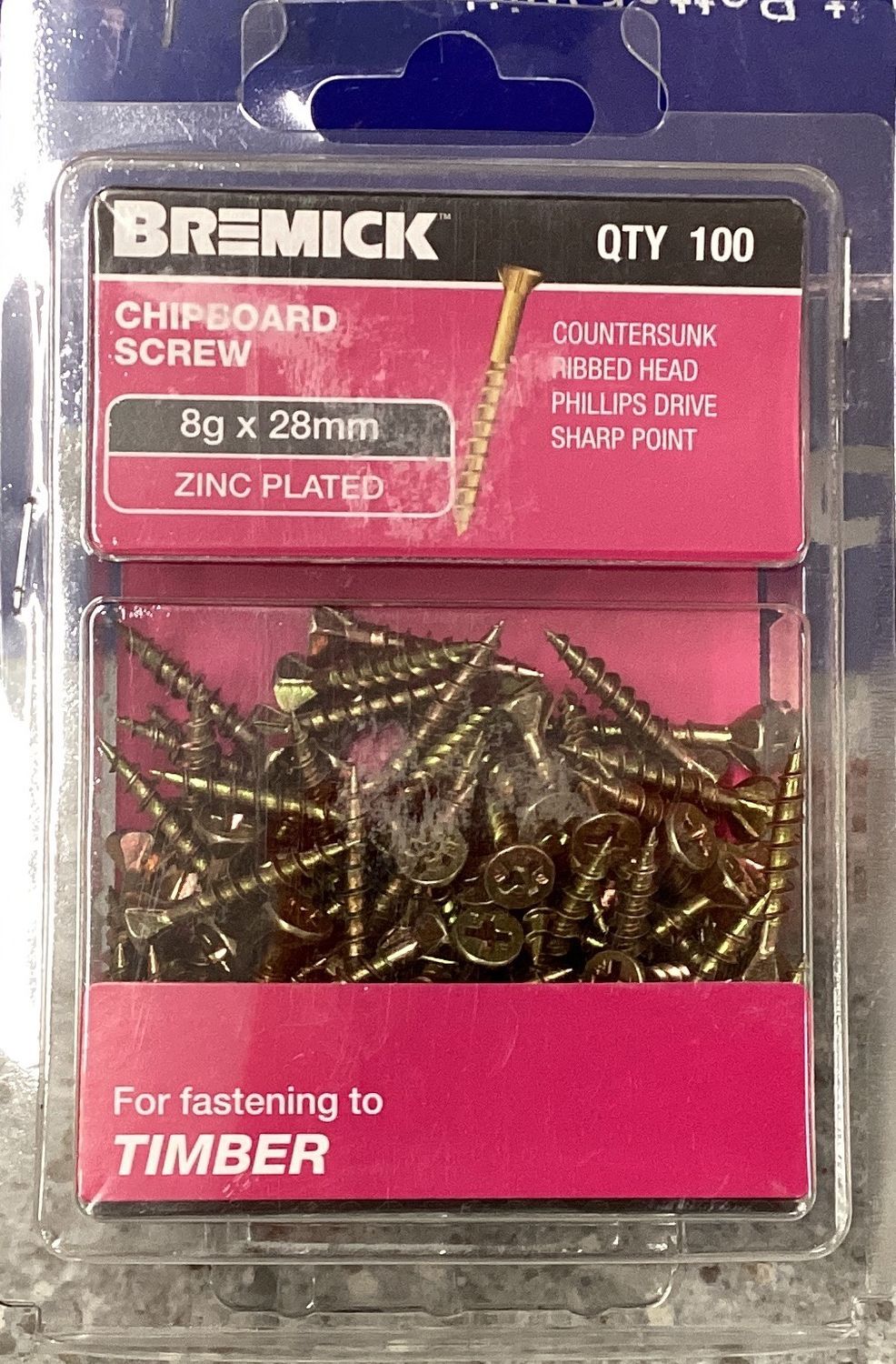 Chipboard screws 8gx28mm Pk100