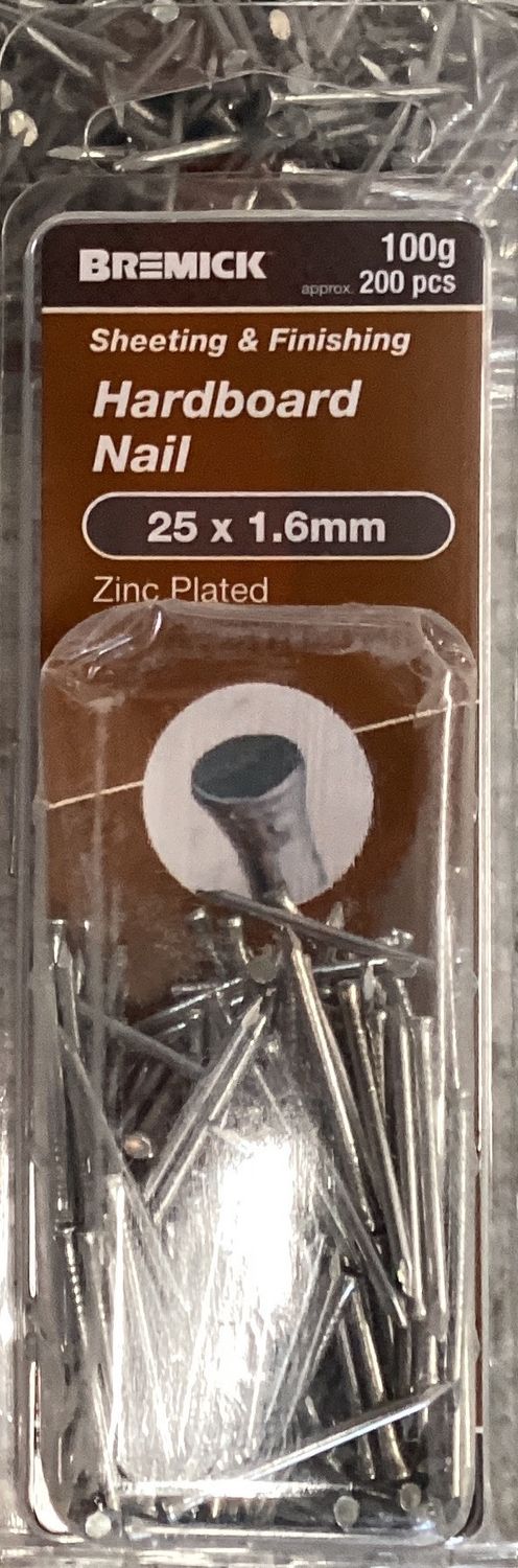 Nails Hardboard 25x1.6mm Pk200 Zinc