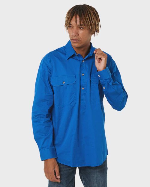Mens Pilbara Closed Front L/S Shirt Royal L