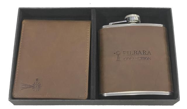 Pilbara Leather Wallet &amp; Hip Flask, Colour: Brown