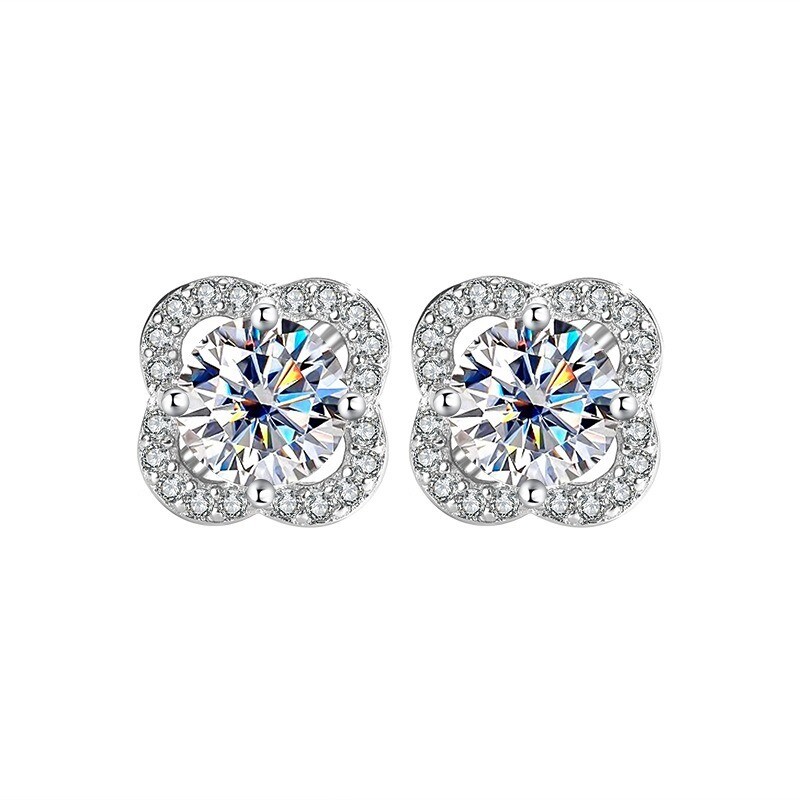 Lucky Clover Stud Earrings!S925 Silver Moissanite, Full Diamond Design