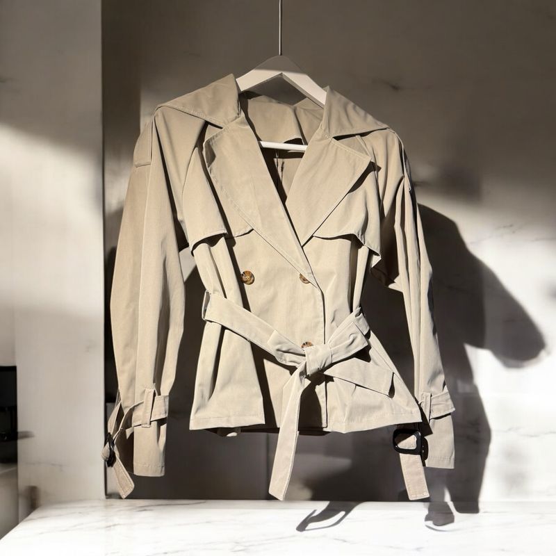 Trench corto con cintura beige