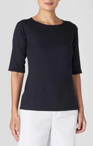 CREW NECK ELBOW SLEEVE TOP, Color: BLACK, Size: XXS