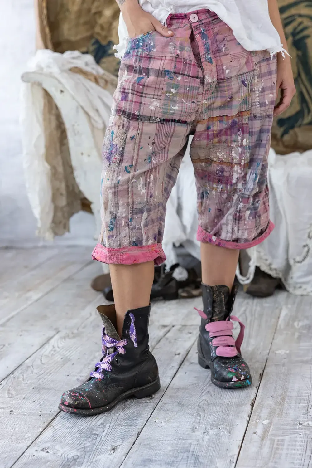 PATCHWORK MINERS SHORTS/MADRAS PINK