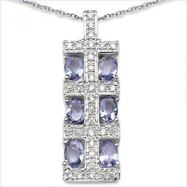 Women&#39;s Sterling Silver Over 14K White Gold 0.16ctw Diamond and Tanzanite Necklace - Length 18 in.