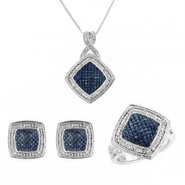Beautiful Women&#39;s Silver Plated 1/4 CTW Diamonds Necklace, Earrings and Size 7 Ring Complete Set