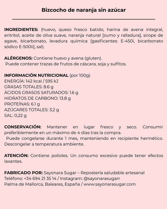Bizcocho saludable naranja sin azúcar