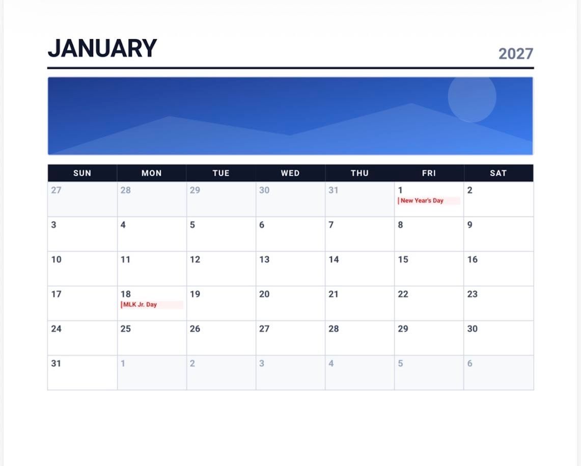 Wall calendar for 2027