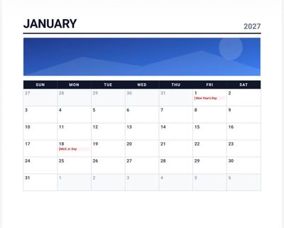 Wall calendar for 2027