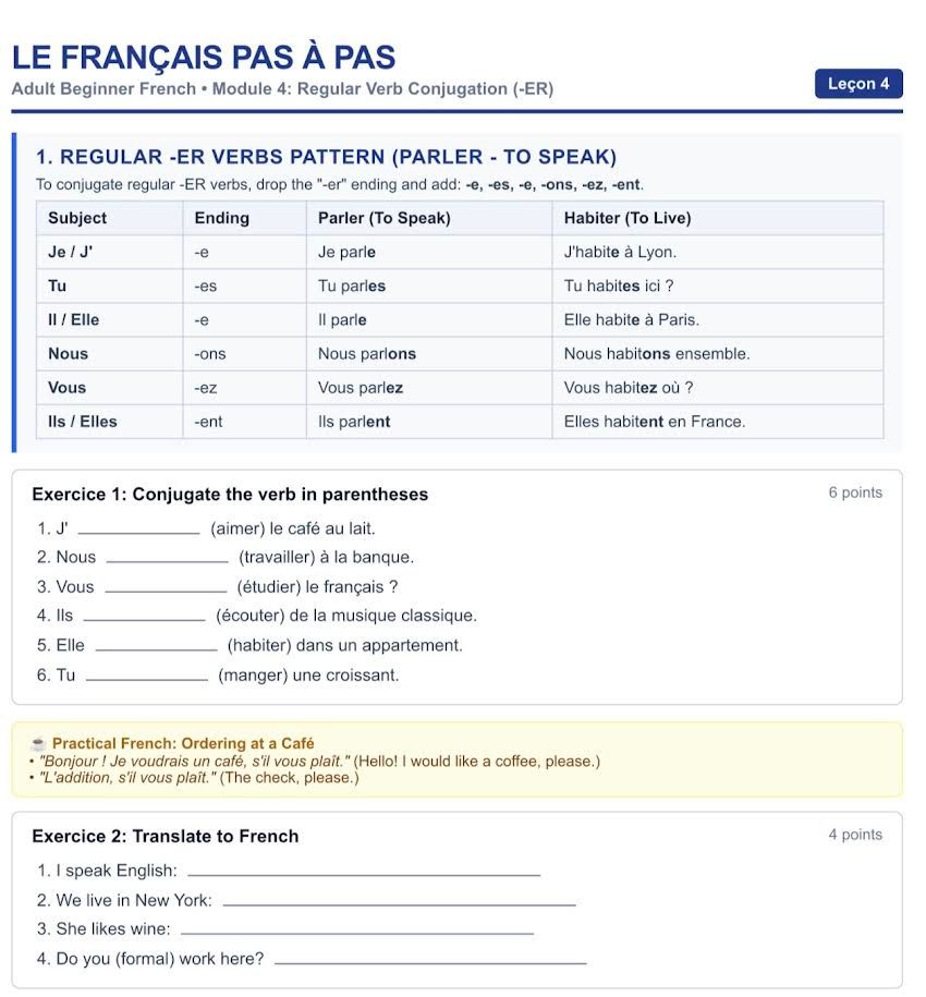 Beginner French language learning Adult Workbook