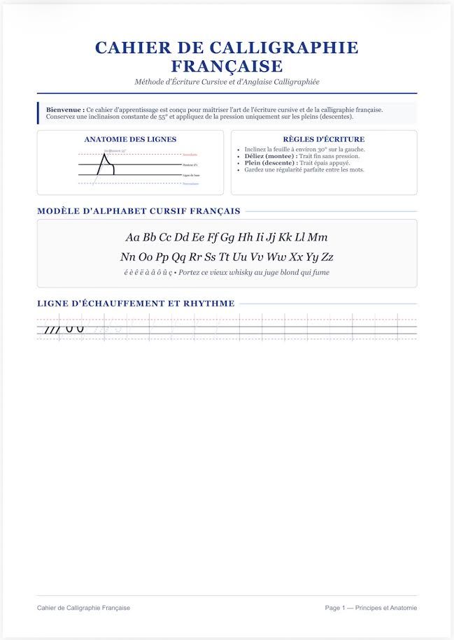 French language calligraphy workbook