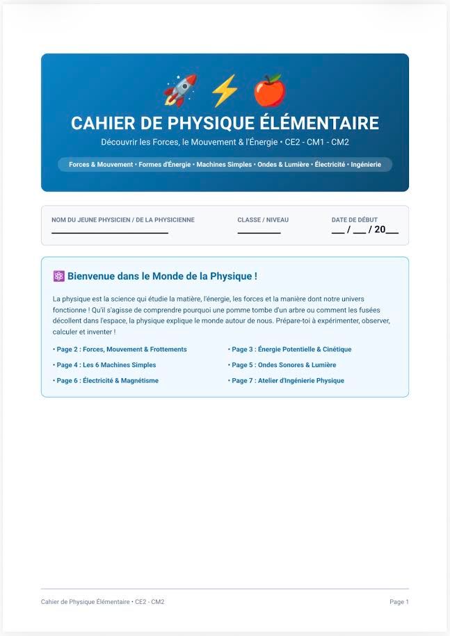 Physics workbook for kids in French language