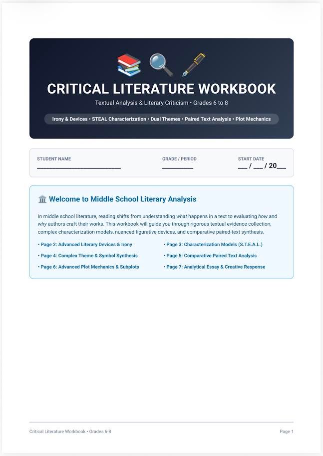 Middle school literature analysis workbook grades 6-8