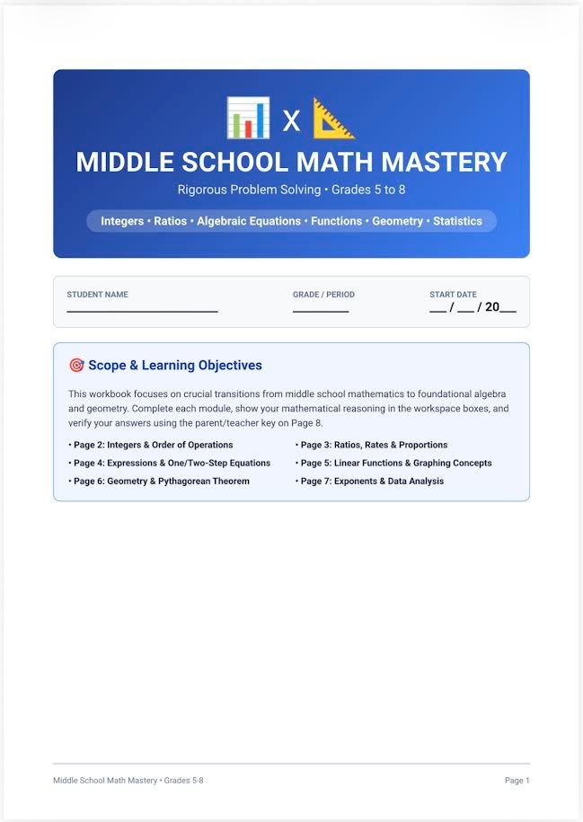 Middle school math workbook grades 5-8