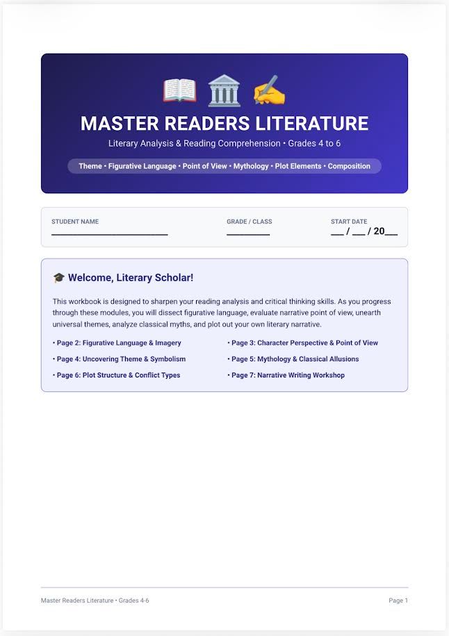 Upper elementary literature reading workbook grades 4-6