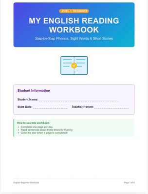 English reading workbook for beginners