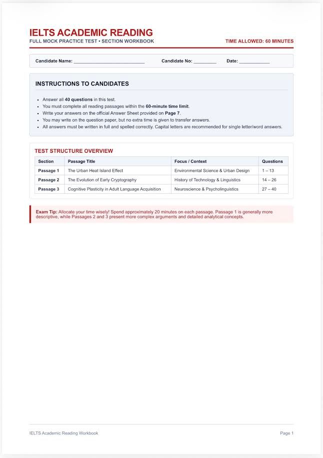 IELTS reading mock test section workbook