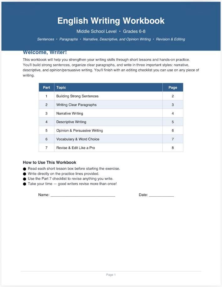 English writing workbook grades 6-8