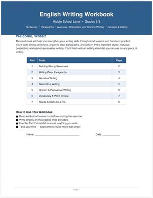 English writing workbook grades 6-8