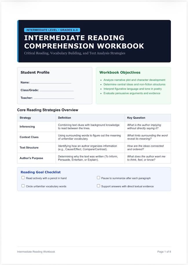 English language reading workbook for grades 4-6