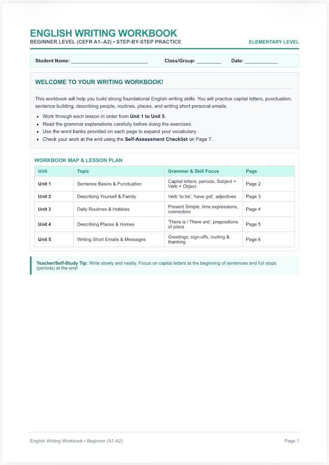 English writing workbook for beginners A1-A2